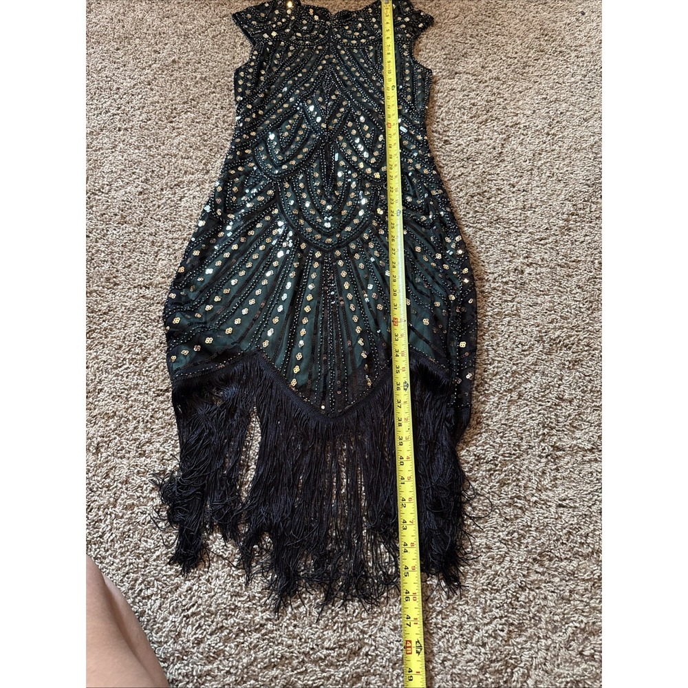 Fundaisy Black And Green Sequined 1920s Style Flapper Dress With Fringe Hem Med - Picture 5 of 5